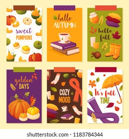 Set cartoon autumn banners including pumpkins, candles, honey jars, cup of tea, books, socks, scarf, umbrella, pillows, berries and leaves. Season vector postcards.