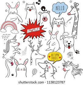 Set of cartoon autumn in doodle style isolated on white background