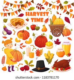 Set Cartoon Autumn Elements Happy Thanskgiving Stock Vector (Royalty ...