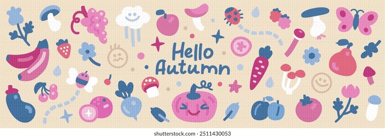 Set of cartoon autumn elements isolated on background. Fall icon or symbol doodle design template collection. Pumpkin, leaves, rain cloud, fruit and vegetables. Harvest clip art. Vector illustration