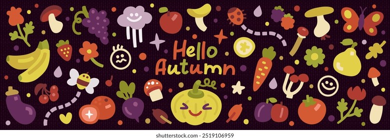 Set of cartoon autumn elements isolated on background. Fall icon or symbol doodle design template collection. Pumpkin, leaves, rain cloud, fruit and vegetables. Harvest clip art. Vector illustration