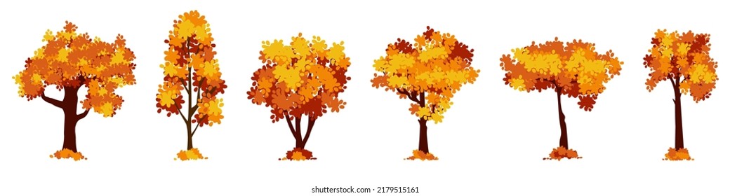 Set of cartoon autumn tree isolated on a white background. Vector element for fall landscape, autumn cards, kids books.