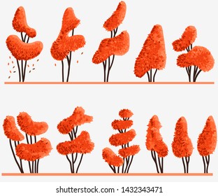 Set of cartoon autumn trees with orange leaves isolated on white background