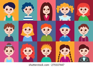 Set of cartoon avatars. Cute happy children. Vector illustration.