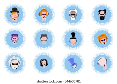 Set of cartoon avatars. Male and female characters. Yuong and elderly with headphones. Faces.