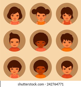set of cartoon avatars, vector kids characters, boys and girls faces illustration