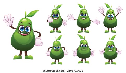 Set of cartoon avocado characters with various facial expressions and gestures. Vector illustration