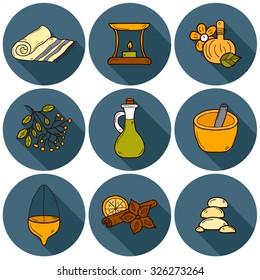 Set of cartoon ayurvedic icons in hand drawn style: herbs, stones, oil, spices, aromatherapy, towel. Auyrveda healthcare and treatment concept for your design