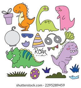 Set of cartoon baby adorable dino element. for nursery and baby shower. textile or fabric and baby shower