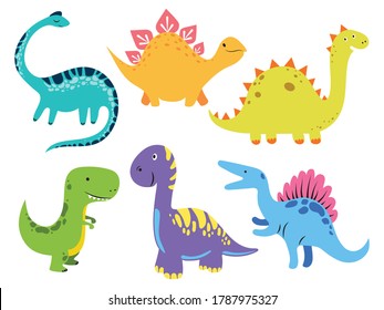 Set of cartoon baby dinosaurs. Collection of cute ancient animals. Funny dino characters. Colorful illustration of prehistoric animals for children.