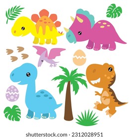 Set of cartoon baby dinosaurs. Jurassic animals vector cartoon illustration.