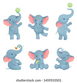 Set cartoon baby elephants on white isolated. Little elephants playing in different positions.