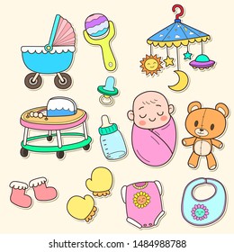Set of cartoon baby objects and accessories 
