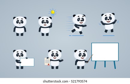 Set of cartoon baby panda characters posing in different situations. Cheerful panda standing, pointing up, running, jumping, holding banner, document, pointing to whiteboard. Flat vector illustration