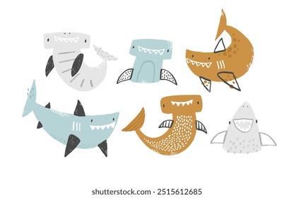 A set of cartoon baby sharks. Cute hand drawn vector sharks on white background. Hammerhead shark. Funny illustration, cliparts for kids. Sea, ocean. Sea inhabitants. Summer.