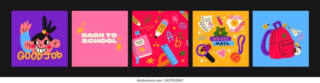 Coloca caricaturas en carteles escolares al estilo de los años 90. Elementos retro, oficina, estudio. Personajes geniales, estudiantes, útiles escolares, bolso, lecciones, universidad. Banners vectoriales brillantes de moda