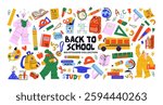 Set cartoon back to school stickers in the 90s style. Retro elements, office, study. Groovy characters students, school supplies, lessons, university. Trendy bright vector set