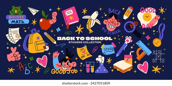 Set cartoon back to school stickers in the 90s style. Retro elements, office, study. Groovy characters students, school supplies, lessons, university. Trendy bright vector set