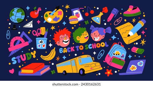 Set cartoon back to school stickers in the 90s style. Retro elements, office, study. Groovy characters students, school supplies, lessons, university. Trendy bright vector set