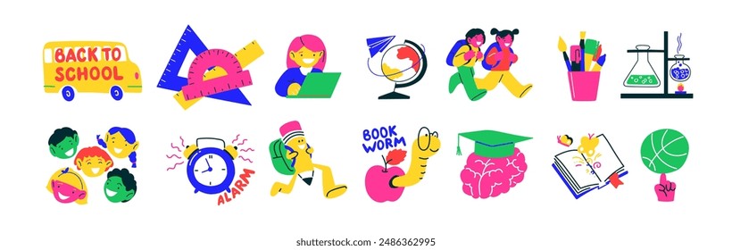 Set cartoon back to school stickers in the 90s style. Retro elements, office, study. Groovy characters students, school supplies, lessons, university. Trendy bright vector set	