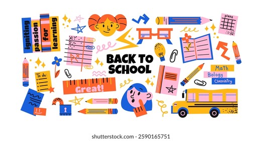 Set cartoon back to school stickers in the 90s style. Retro elements, office, study. Groovy characters students, school supplies, lessons, university. Trendy bright vector set