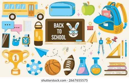 Pegatinas de dibujos animados de vuelta a la escuela en el estilo de los años 90. Elementos retro, oficina, estudio. Personajes estupendos, útiles escolares, lecciones, universidad. Conjunto de Vector brillante de moda