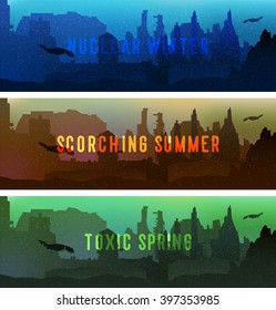 A set of cartoon backdrop banners of illustration of a post-apocalyptic future