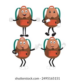 A set of cartoon backpack mascots with different expressions and poses. Perfect for educational materials, promotional graphics, and children’s content.