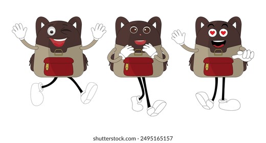 A set of cartoon backpack mascots with different expressions and poses. Perfect for educational materials, promotional graphics, and children’s content.