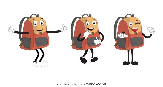 A set of cartoon backpack mascots with different expressions and poses. Perfect for educational materials, promotional graphics, and children’s content.