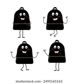 A set of cartoon backpack mascots with different expressions and poses. Perfect for educational materials, promotional graphics, and children’s content.