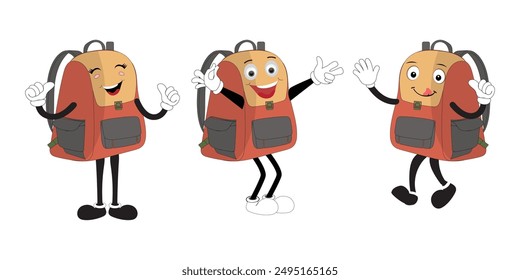 A set of cartoon backpack mascots with different expressions and poses. Perfect for educational materials, promotional graphics, and children’s content.