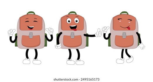 A set of cartoon backpack mascots with different expressions and poses. Perfect for educational materials, promotional graphics, and children’s content.