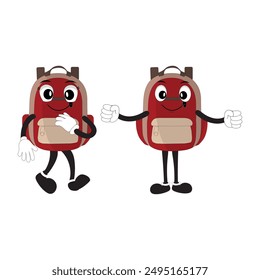 A set of cartoon backpack mascots with different expressions and poses. Perfect for educational materials, promotional graphics, and children’s content.
