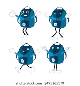 A set of cartoon backpack mascots with different expressions and poses. Perfect for educational materials, promotional graphics, and children’s content.