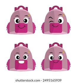 A set of cartoon backpack mascots with different expressions and poses. Perfect for educational materials, promotional graphics, and children’s content.
