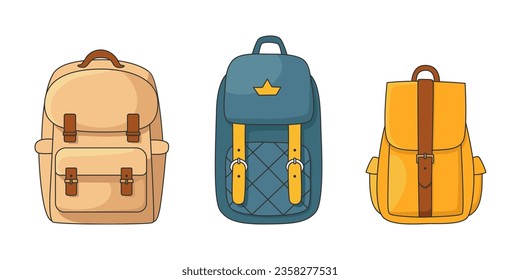 Juego de mochilas de dibujos animados, bolsas de viaje. Bolsas de colegio coloridas de primera vista. Ilustración vectorial aislada