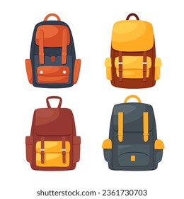 Grupo de mochilas de dibujos animados, bolsas de viaje. Bolsas de escuela de primera vista. Ilustración vectorial aislada