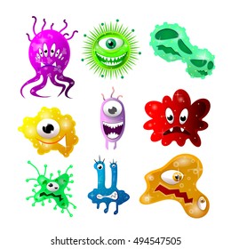 Set of cartoon bacteria, fun characters, cute monsters with different shapes, colors and facial expressions. Funny virus cell and microbe. Cartoon design. Vector isolated on white background.