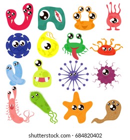 Set of cartoon bacteria, fun characters, cute monsters with different shapes, colors and facial expressions. Funny virus cell and microbe. Cartoon design. Vector isolated on white background.