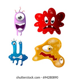 Set of cartoon bacteria, fun characters, cute monsters with different shapes, colors and facial expressions.
