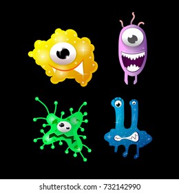 Set of cartoon bacteria, fun characters, cute monsters with different shapes, colors and facial expressions.