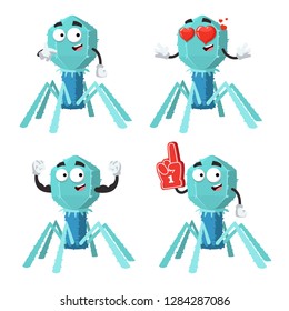 set of cartoon bacteriophage cell character mascot on white background