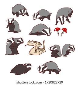 Set of cartoon badgers, snake and mushrooms