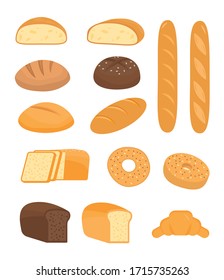 Set of cartoon baking pastry products for bakery menu, recipe book. French baguette, rye bread, whole wheat loaf, bagel, croissant, toast, sourdough, ciabatta, whole grain. Vector flat illustration. 