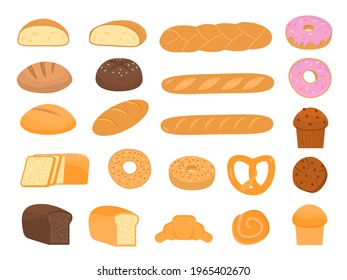 Set of cartoon baking pastry products for bakery menu, recipe book. French baguette, rye bread, whole wheat loaf, bagel, croissant, toast, sourdough, ciabatta, whole grain. Vector flat illustration. 