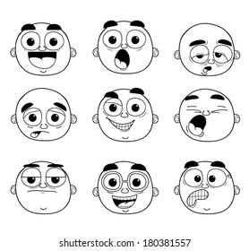 Set of cartoon bald heads with different moods