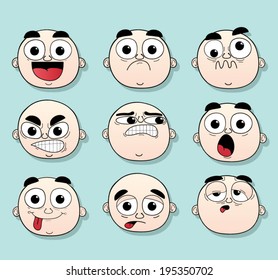 Set of cartoon bald heads with different moods