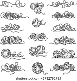 Conjunto de desenho animado bola de fio e emaranhado linha arte