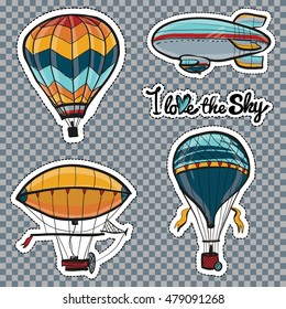 Set of cartoon balloons and airships. Kids patches, stickers, badges or pins design kit. Vector collection.